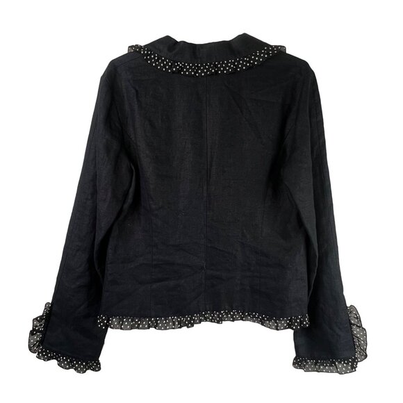 Spanner Blazer Size 8 Linen Button Front Jacket Polka Dot Ruffle Black White - Picture 2 of 9
